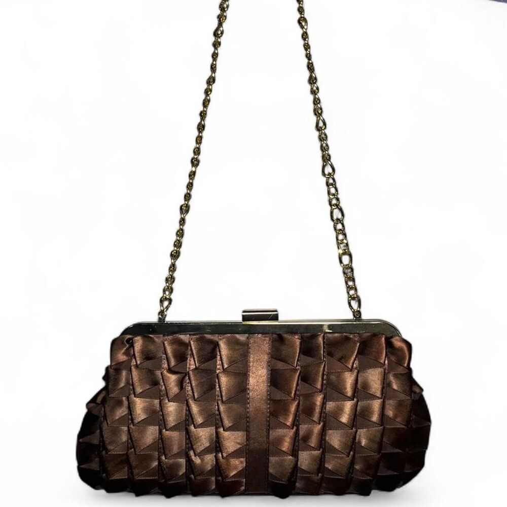 Jessica McClintock Brown Satin Clutch Purse with Gold Chain Shoulder Strap